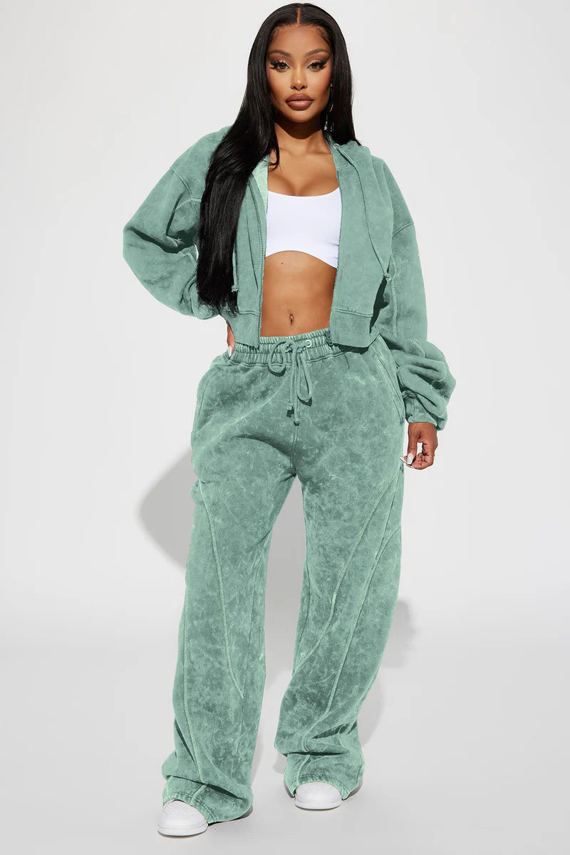 Norah Washed Lounge Pant – Sage Fleece Wide Leg