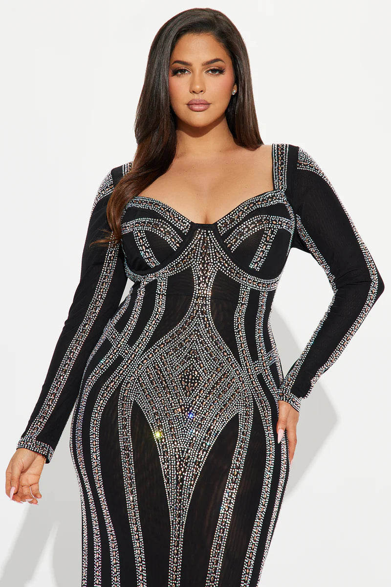 Alise Rhinestone Gown Black – Elegant Mesh Maxi Dress