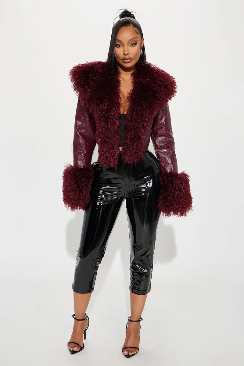 Can’t Be Replicated Faux Leather Coat – Cropped Fur Trim