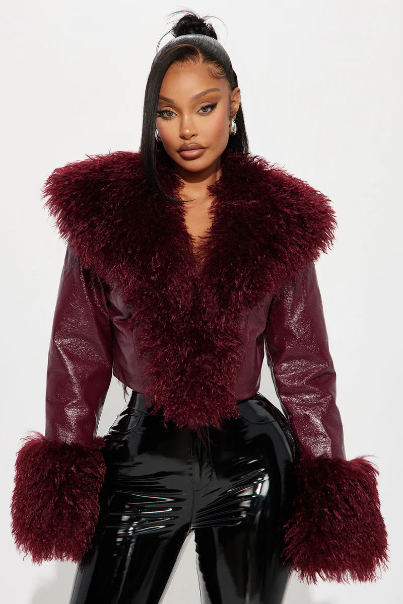 Can’t Be Replicated Faux Leather Coat – Cropped Fur Trim