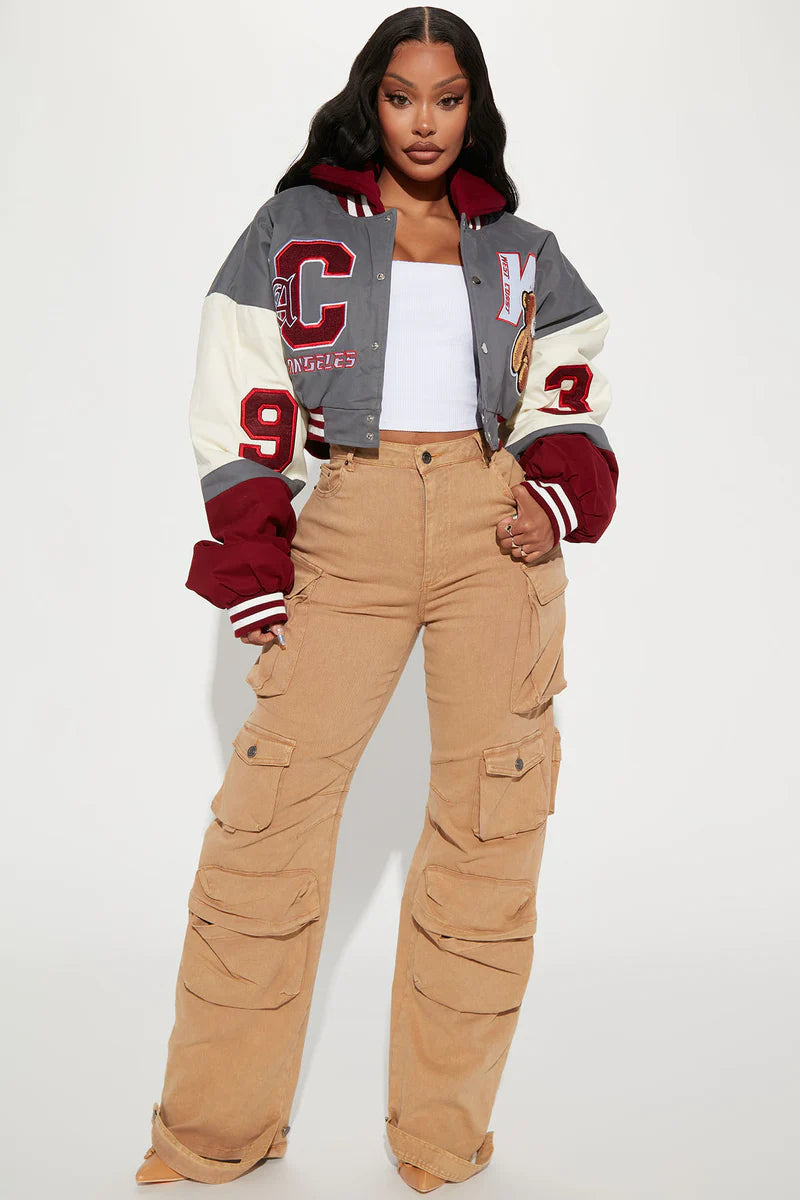 Cali Teddy Bomber Jacket – Grey Combo Varsity Style