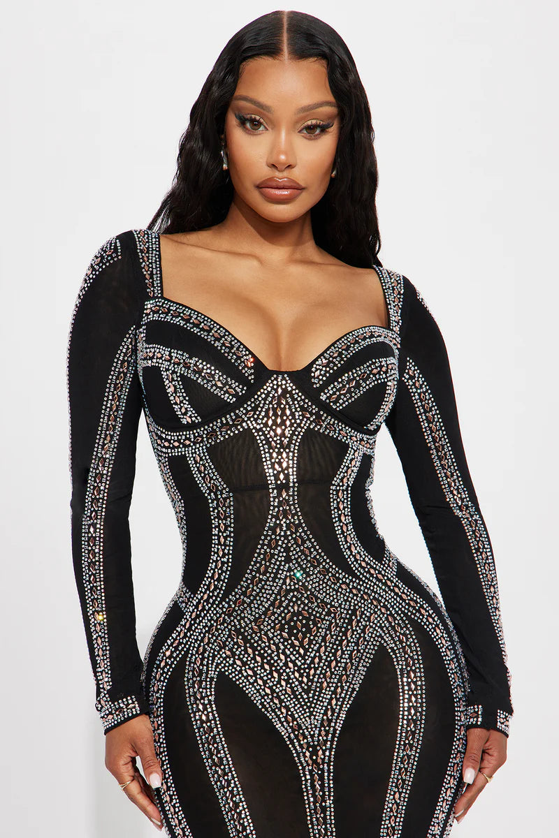 Alise Rhinestone Gown Black – Elegant Mesh Maxi Dress