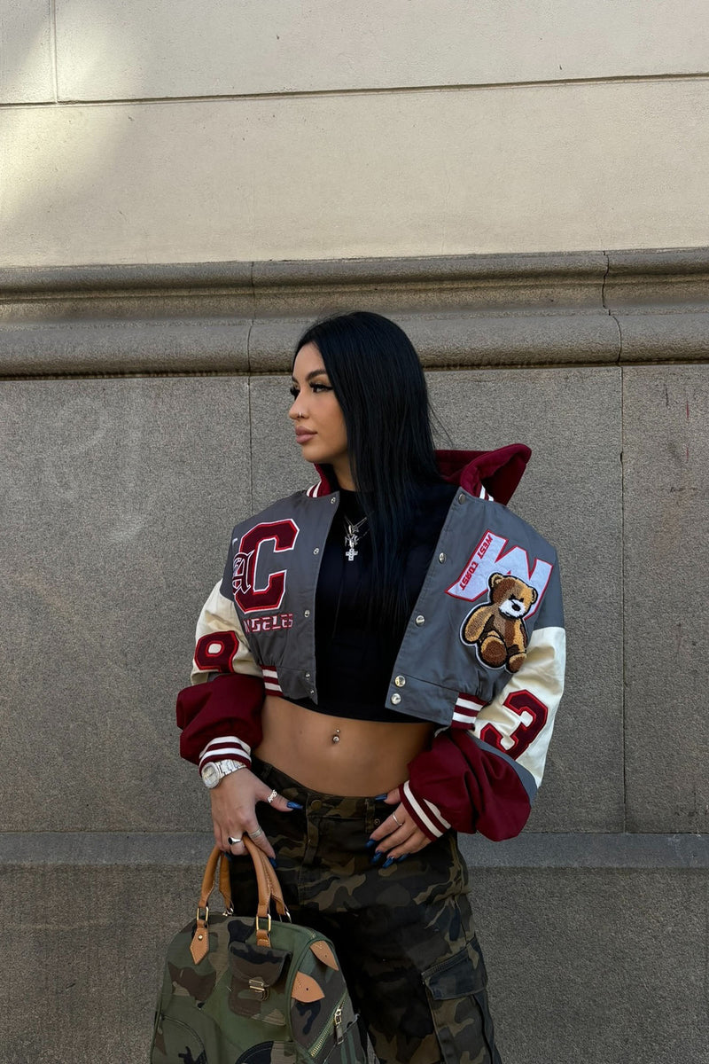 Cali Teddy Bomber Jacket – Grey Combo Varsity Style