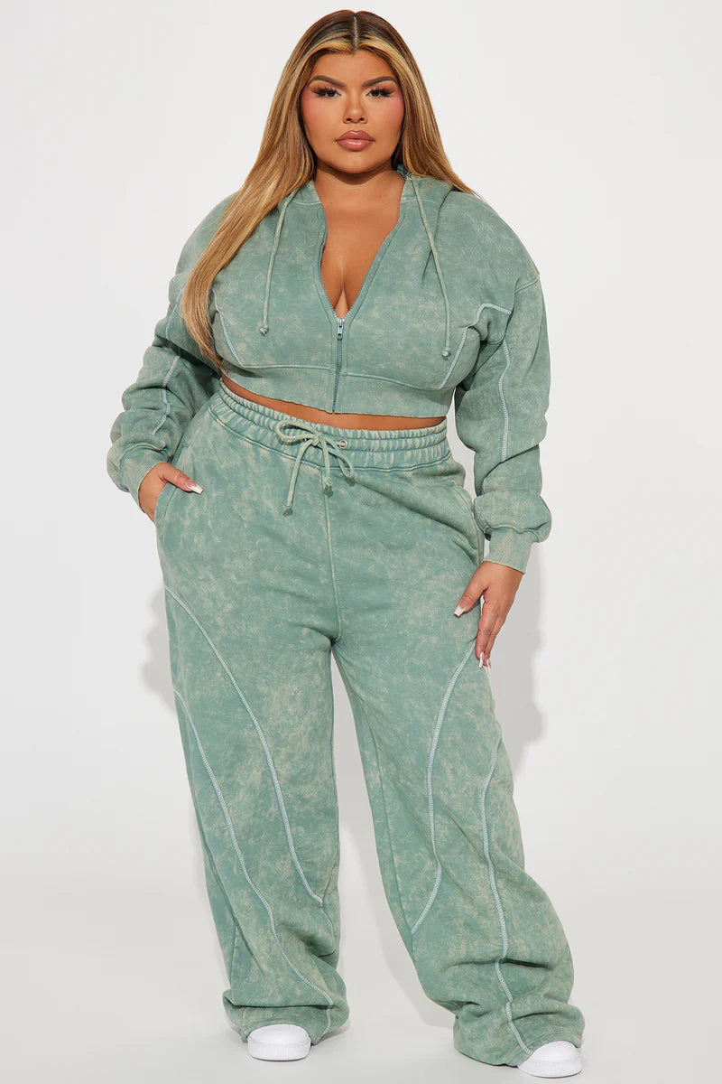 Norah Washed Lounge Pant – Sage Fleece Wide Leg