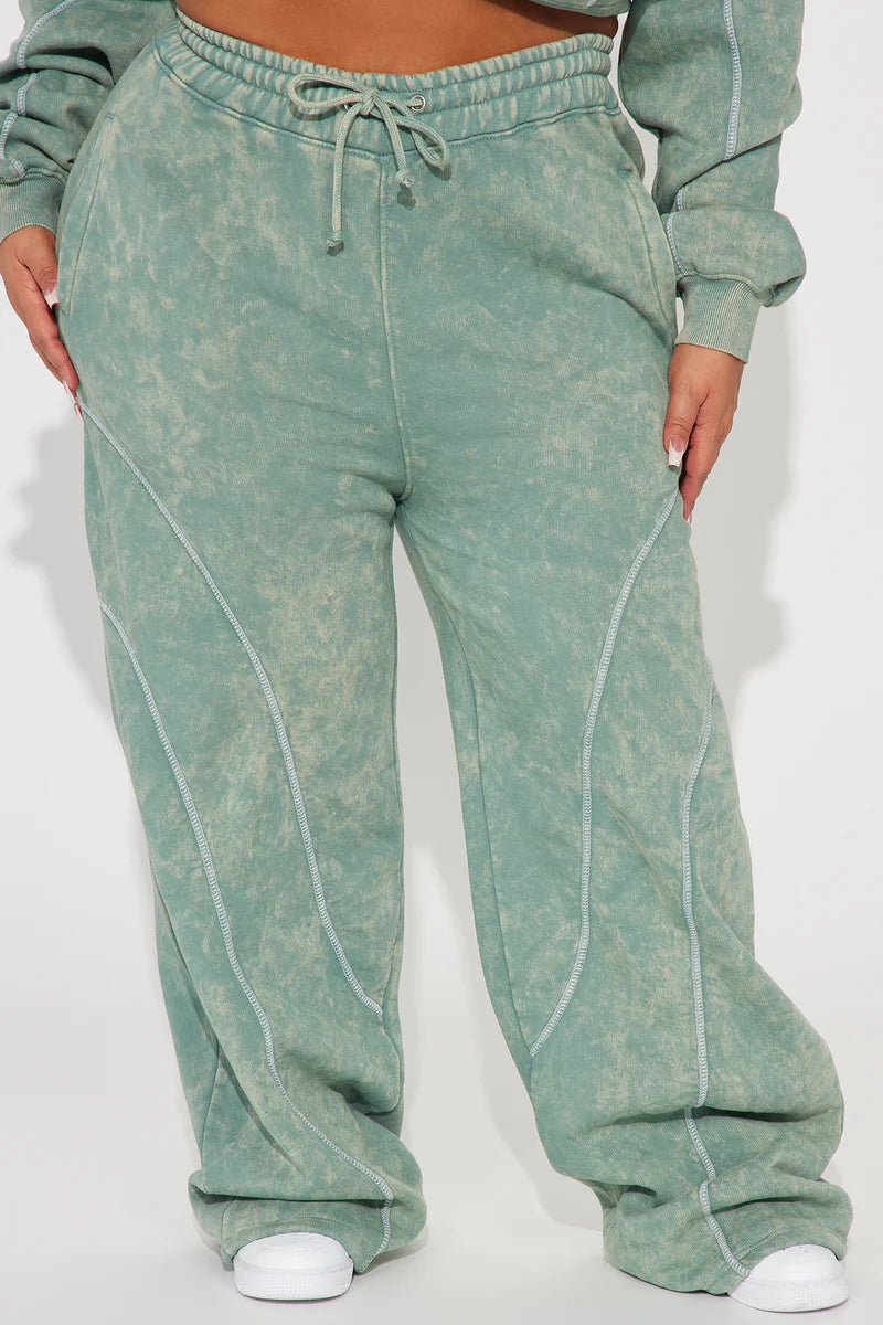 Norah Washed Lounge Pant – Sage Fleece Wide Leg