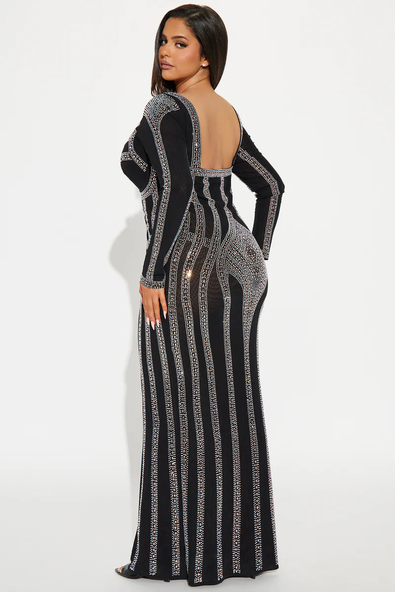 Alise Rhinestone Gown Black – Elegant Mesh Maxi Dress