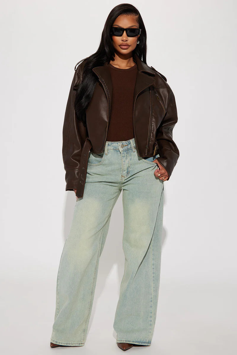 Check The Deets Faux Leather Moto Jacket – Brown