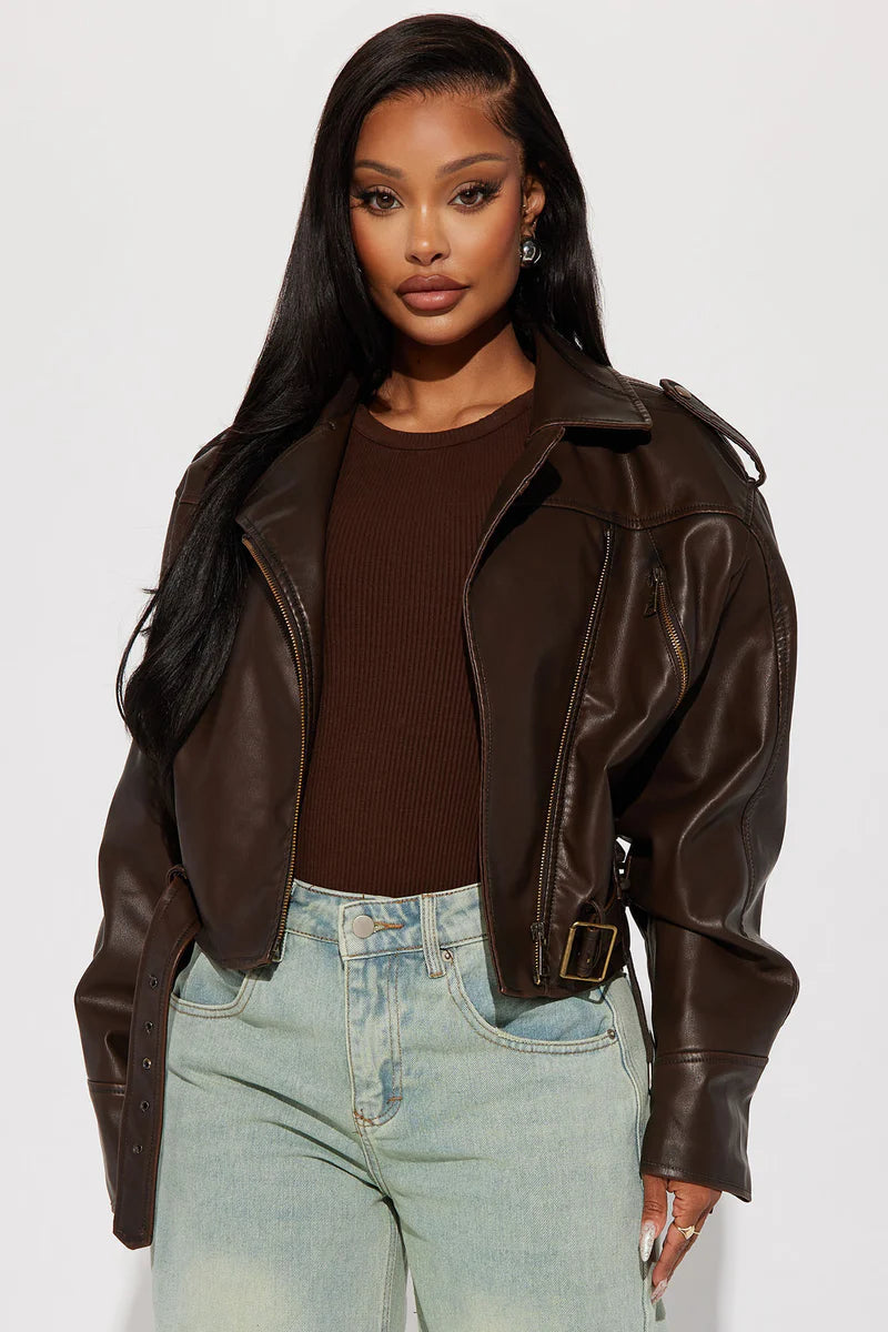 Check The Deets Faux Leather Moto Jacket – Brown