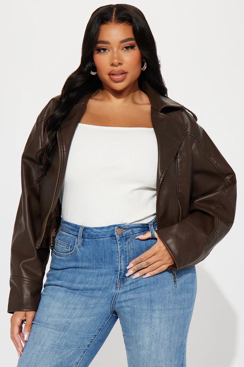 Check The Deets Faux Leather Moto Jacket – Brown