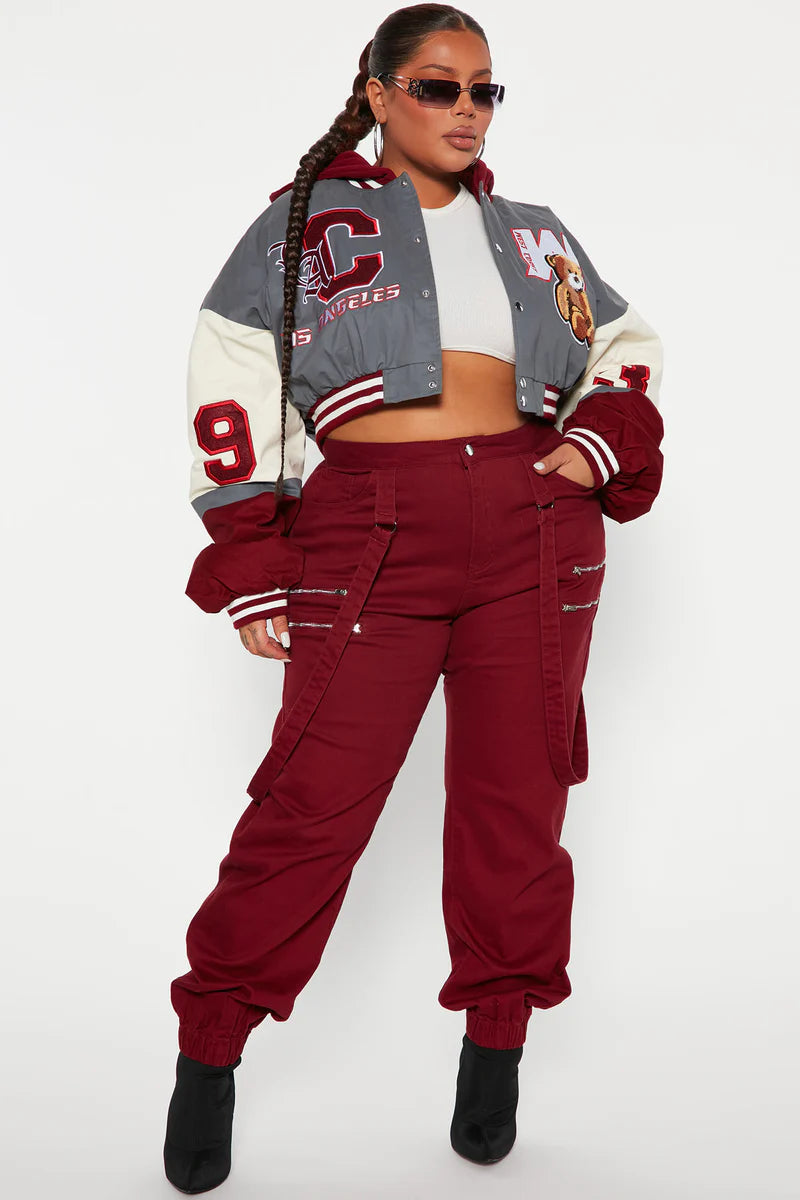 Cali Teddy Bomber Jacket – Grey Combo Varsity Style