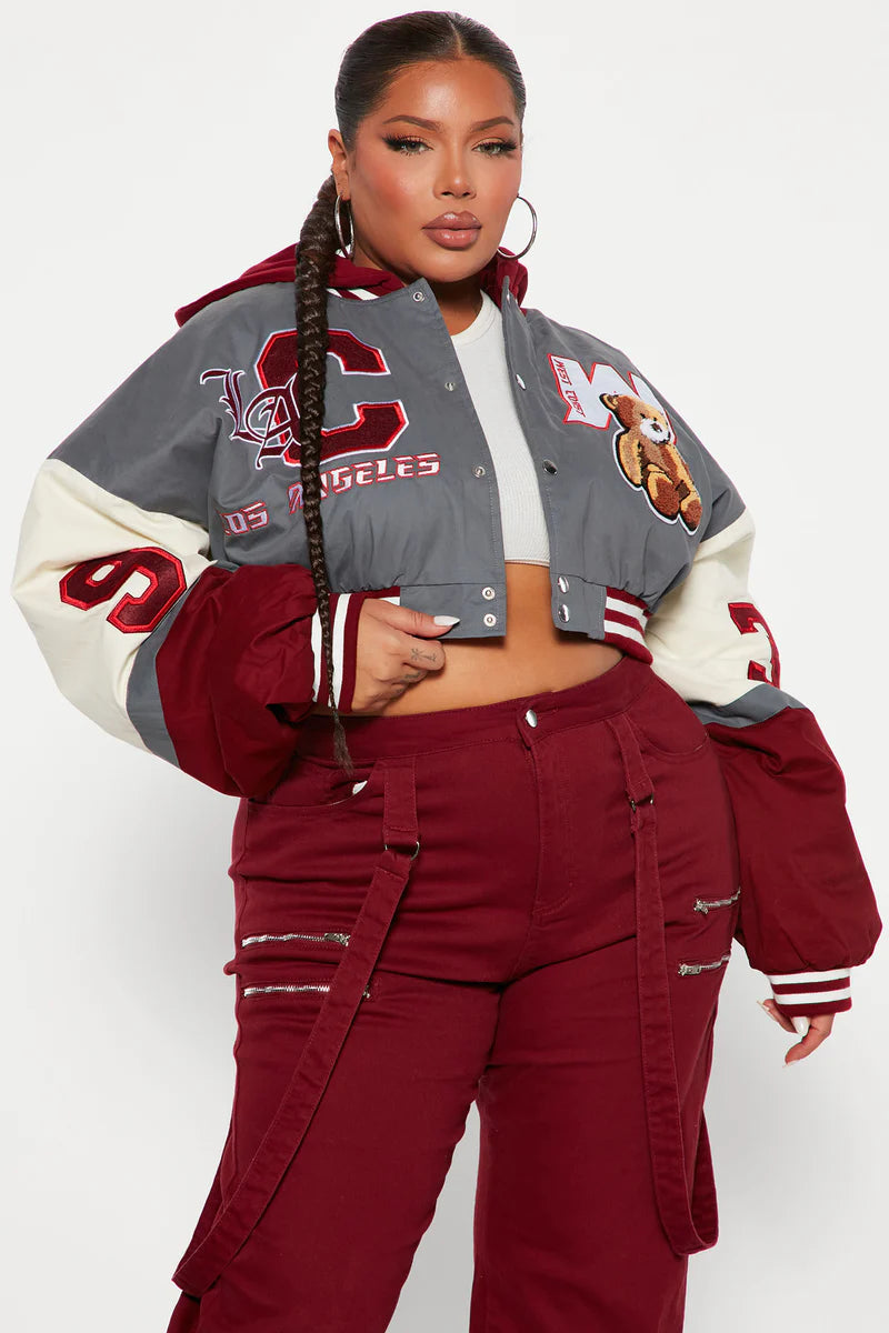 Cali Teddy Bomber Jacket – Grey Combo Varsity Style