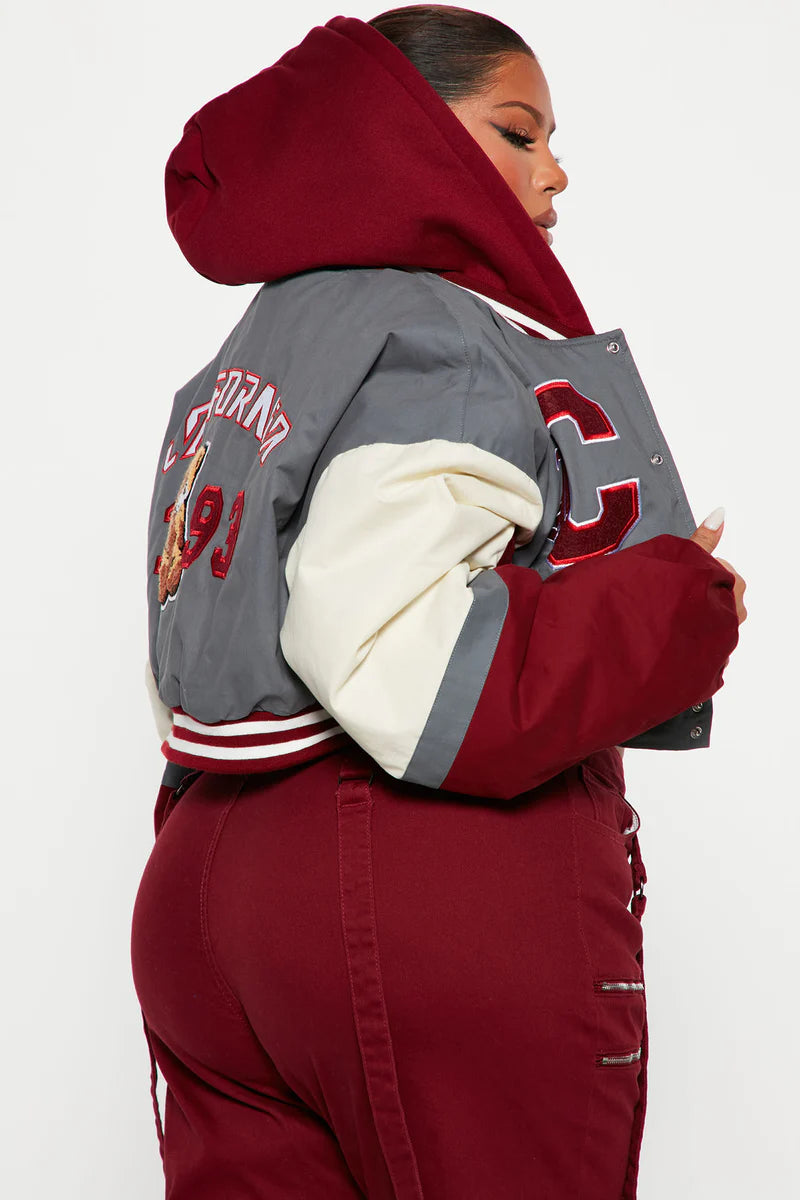 Cali Teddy Bomber Jacket – Grey Combo Varsity Style