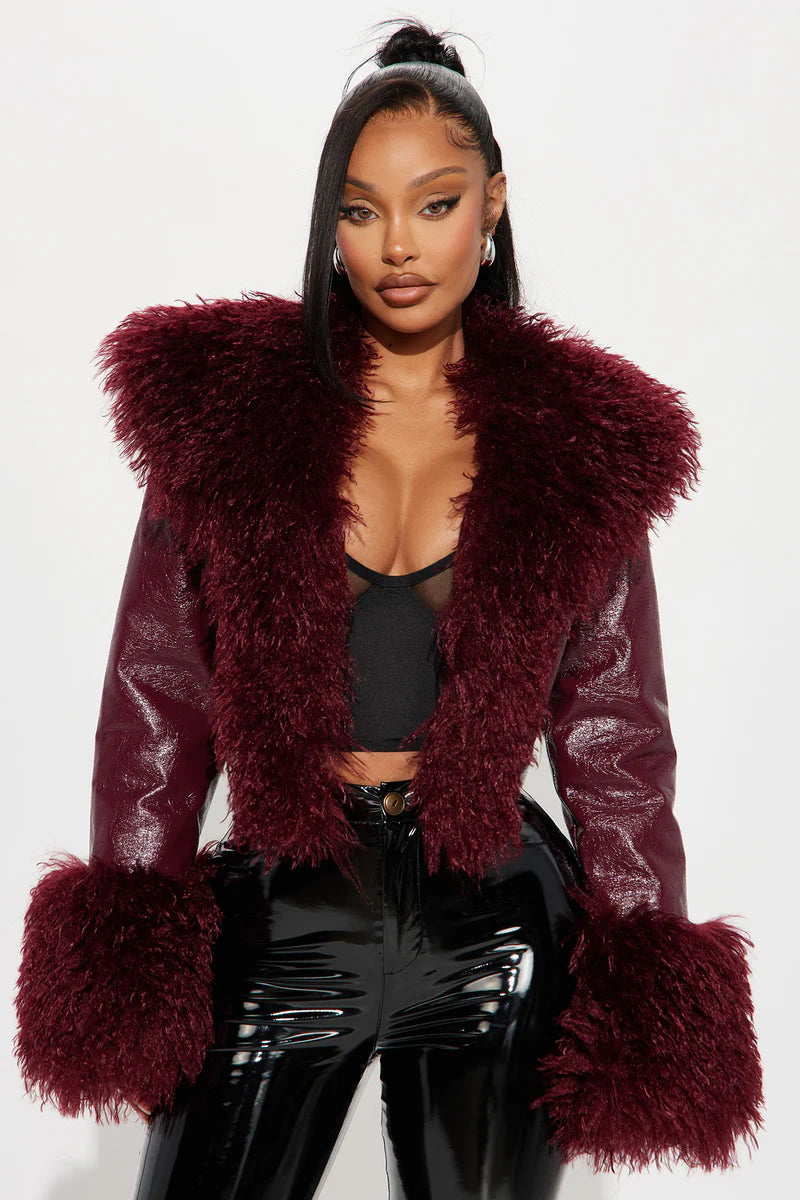Can’t Be Replicated Faux Leather Coat – Cropped Fur Trim