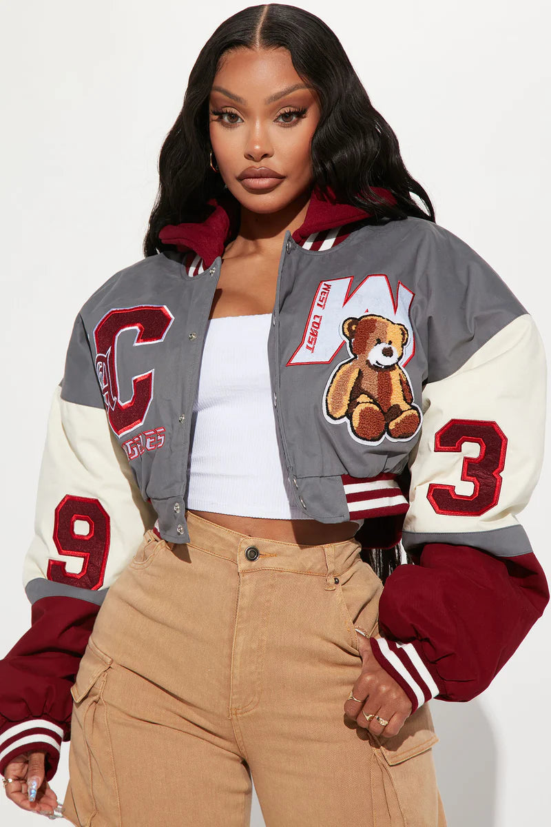 Cali Teddy Bomber Jacket – Grey Combo Varsity Style