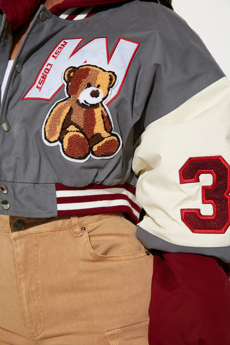 Cali Teddy Bomber Jacket – Grey Combo Varsity Style