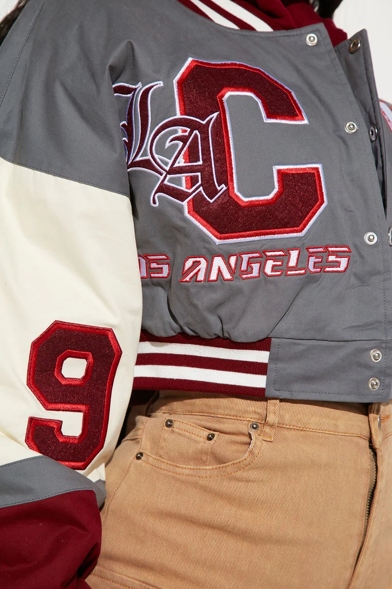 Cali Teddy Bomber Jacket – Grey Combo Varsity Style