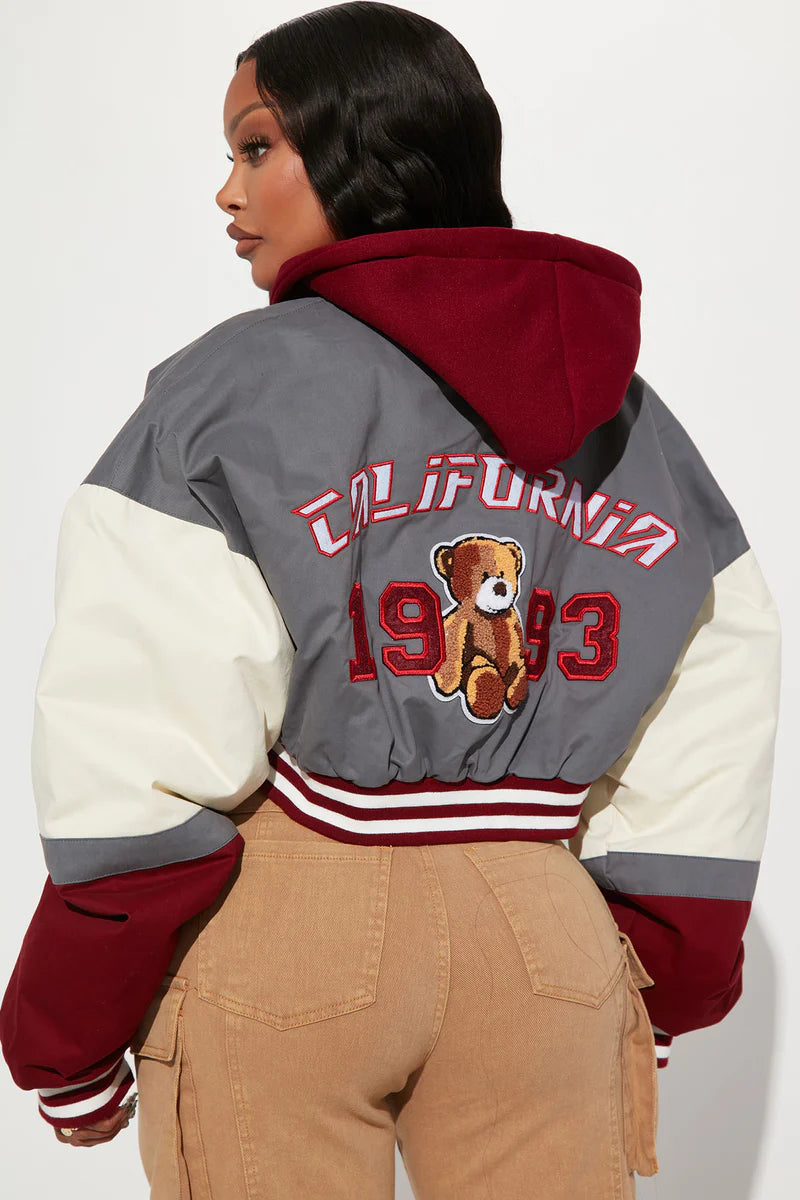 Cali Teddy Bomber Jacket – Grey Combo Varsity Style