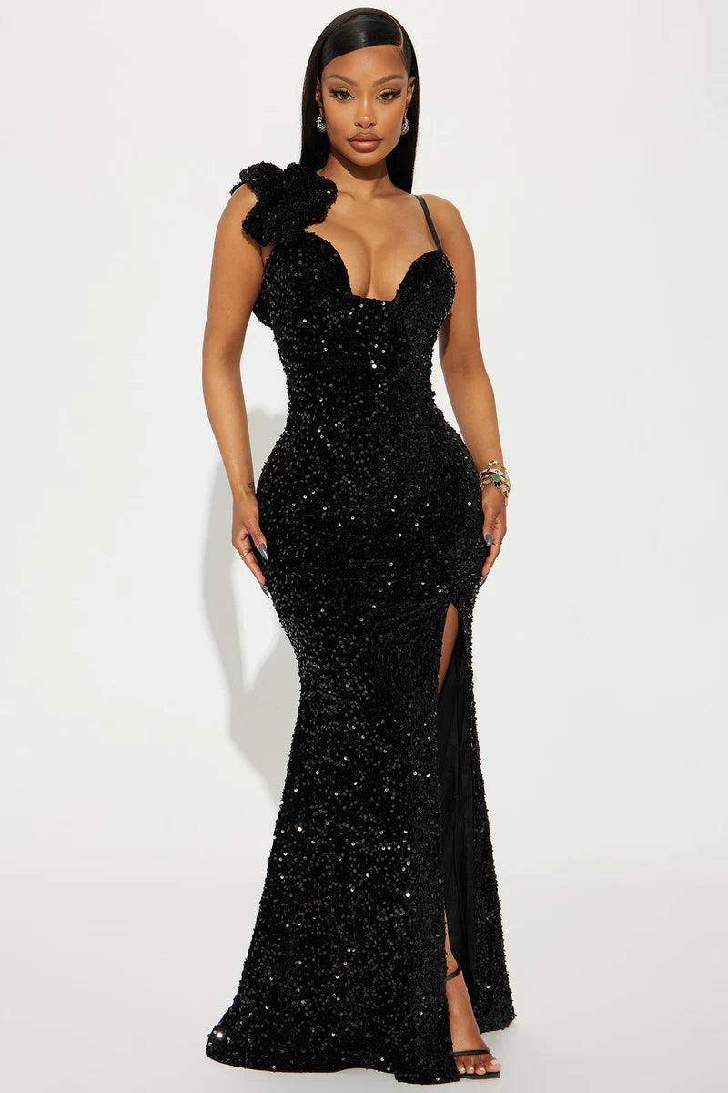 Jennifer Velvet Sequin Gown – Black