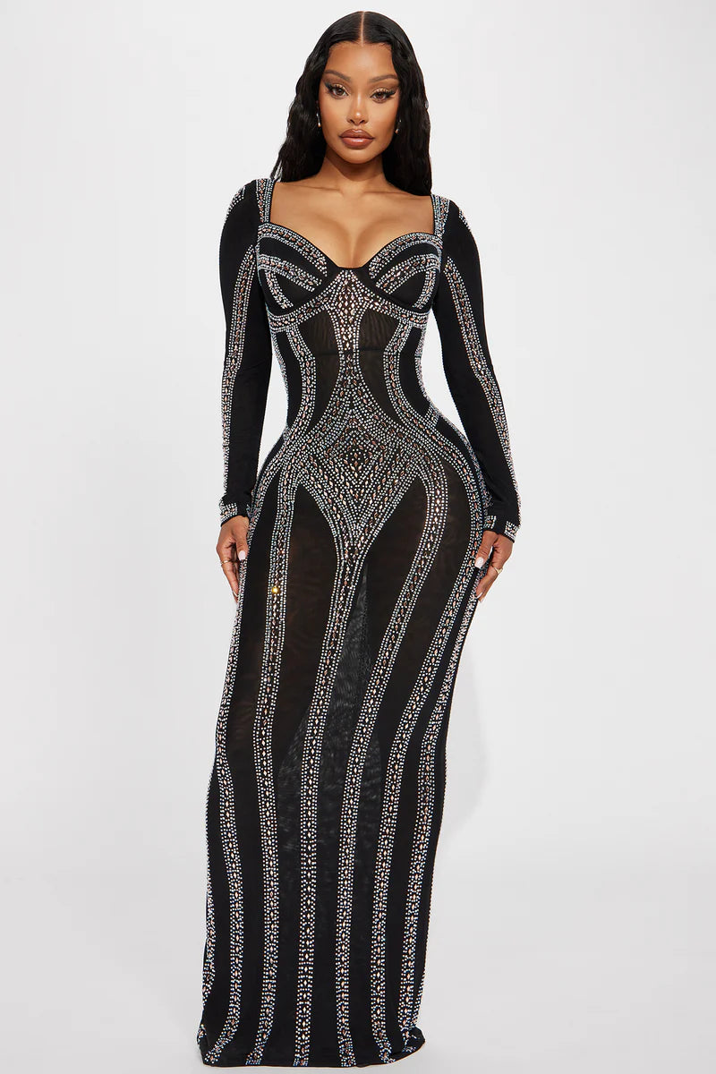 Alise Rhinestone Gown Black – Elegant Mesh Maxi Dress